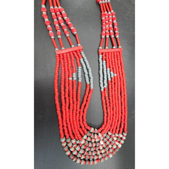 Vintage Multilayer Red & Gray Beaded Statement Necklace HS201 - Picture 8 of 9